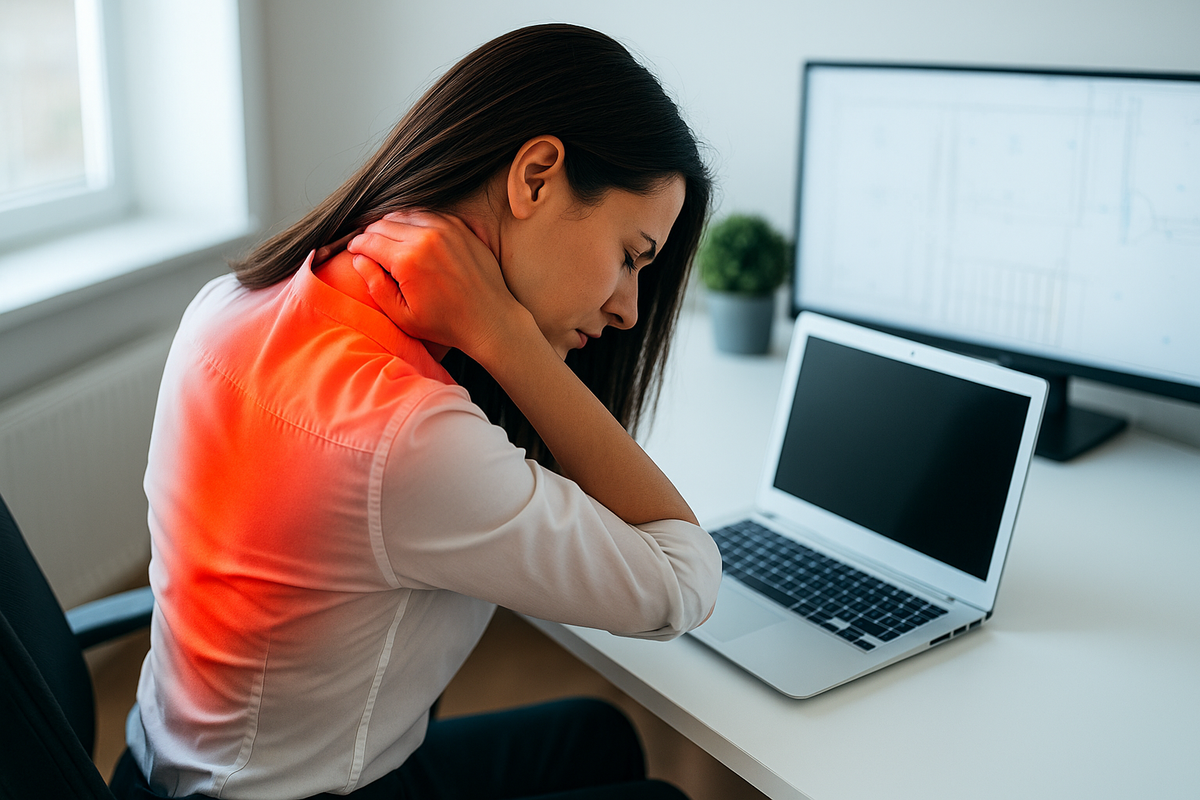 Person with tense neck and poor posture showing pain points.
